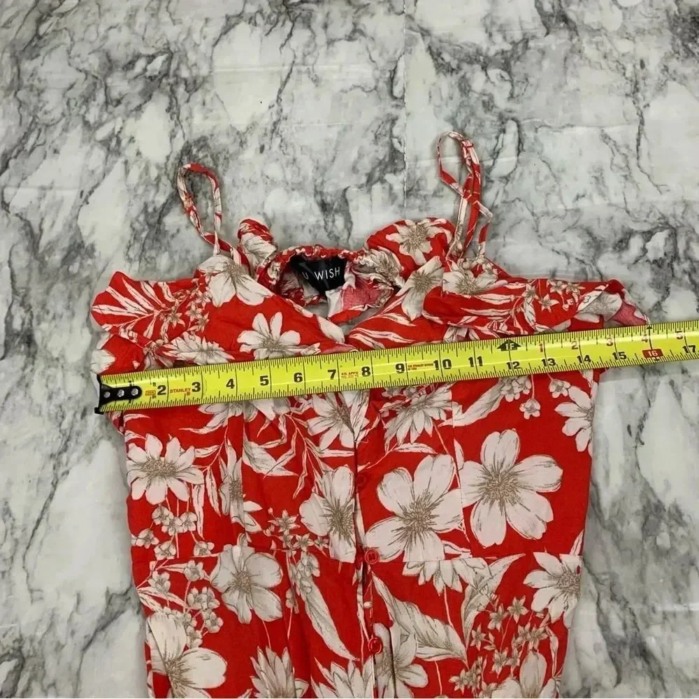 Floral Red Cream Button front ruffle Detail Long Dress with Slit Medium Boho - Picture 6 of 7